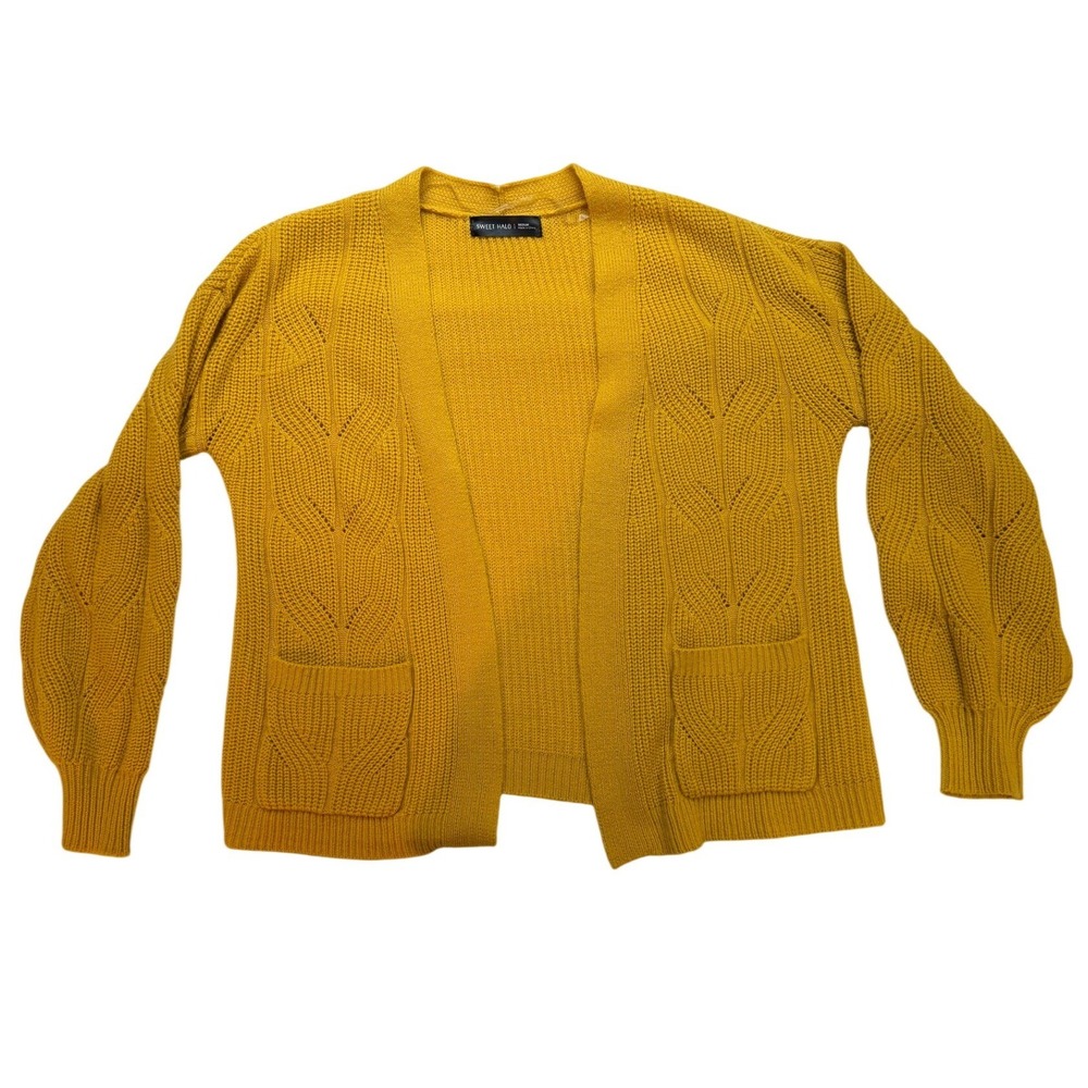 Sweet Halo Mustard Yellow Cable Knit Cardigan Sweater Pockets Granny Core